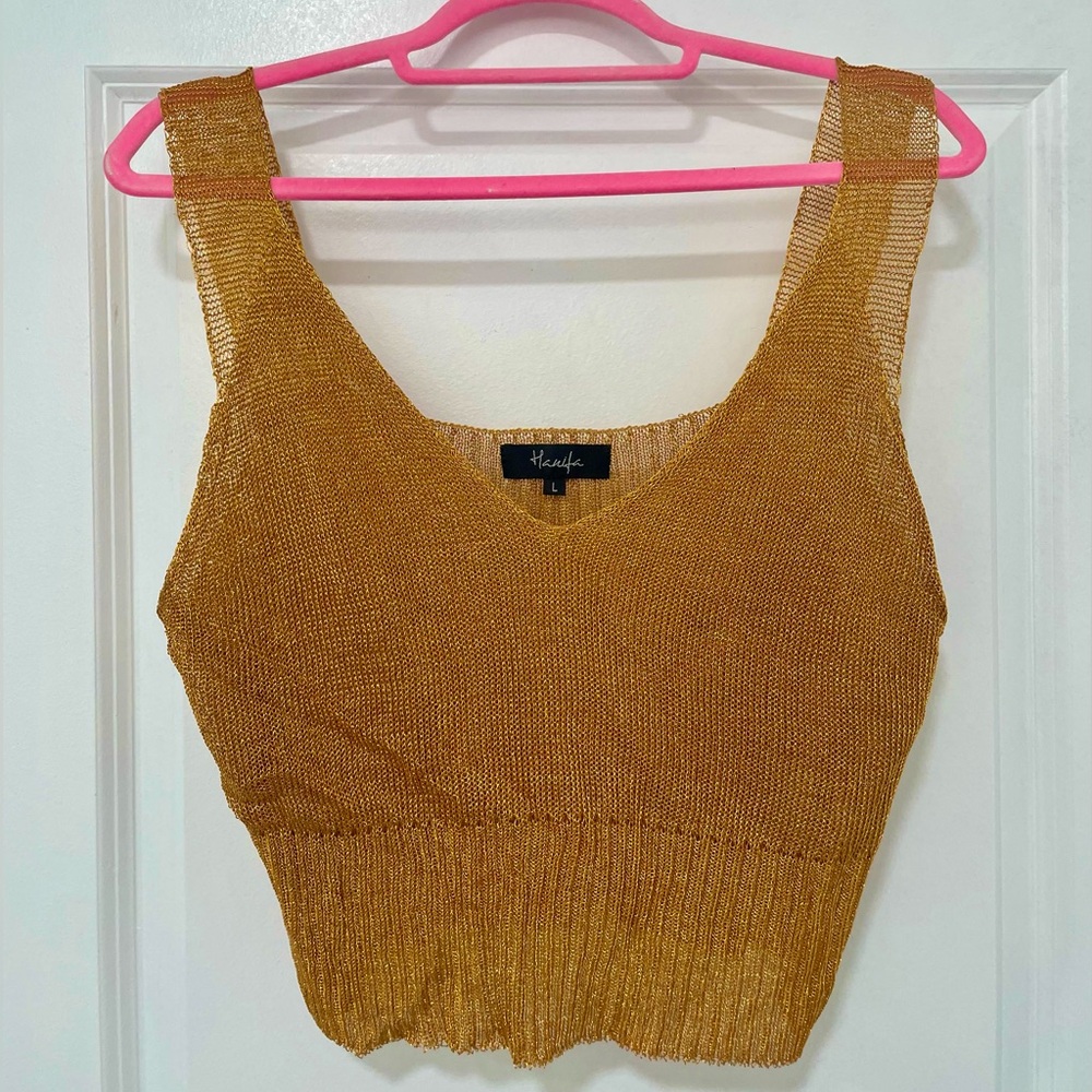 Gold Metallic Mesh Knit Hanifa Crop Top Sz. Large